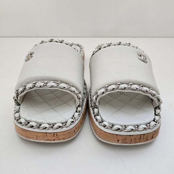 Chanel White Leather CC Chain Slides Cork Platform US 8 / EU 38 - Picture 3 of 6